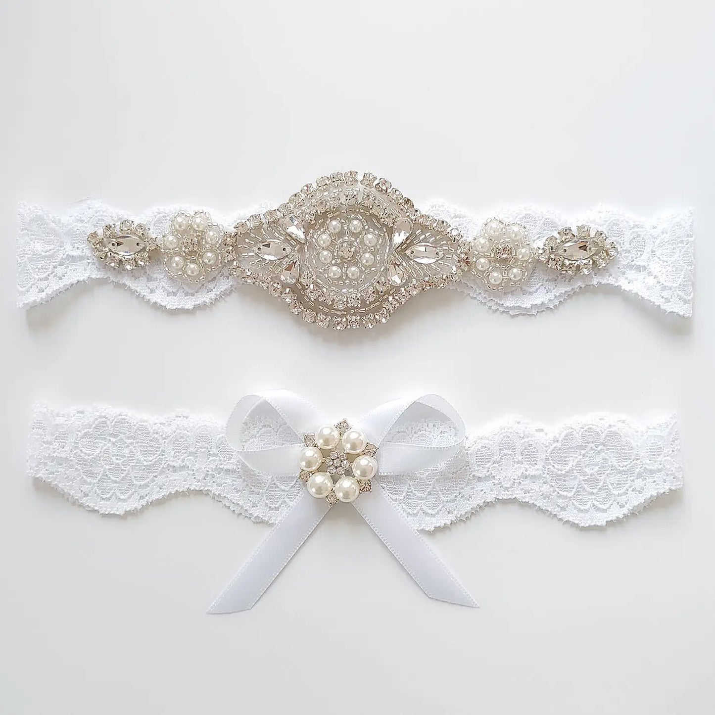 White Lace Rhinestone Wedding Garter Set