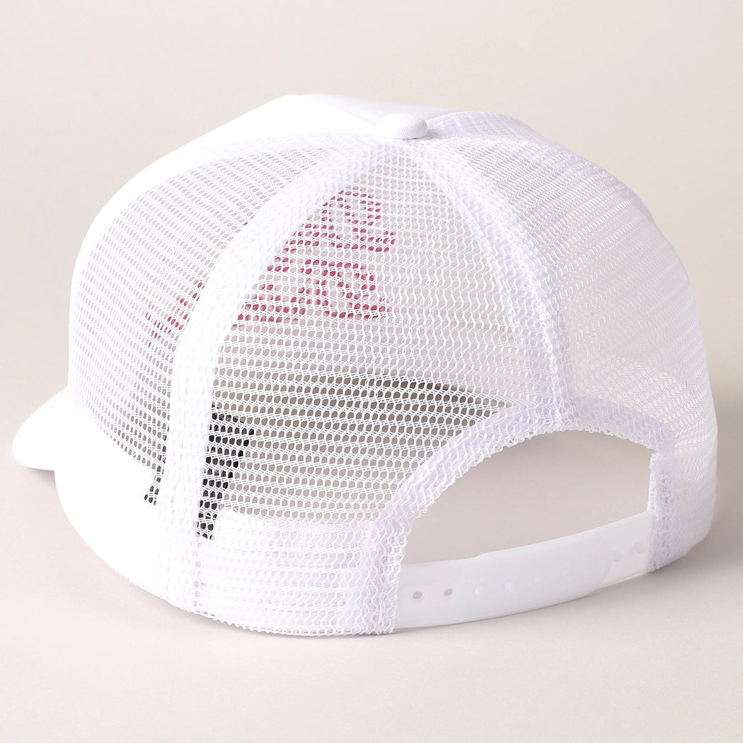 Back view of white mesh trucker hat with adjustable snapback