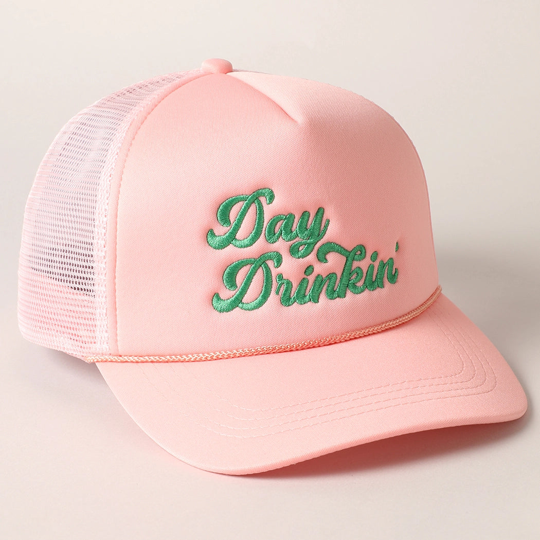 Front view of Day Drinkin’ embroidered hat in blush and green