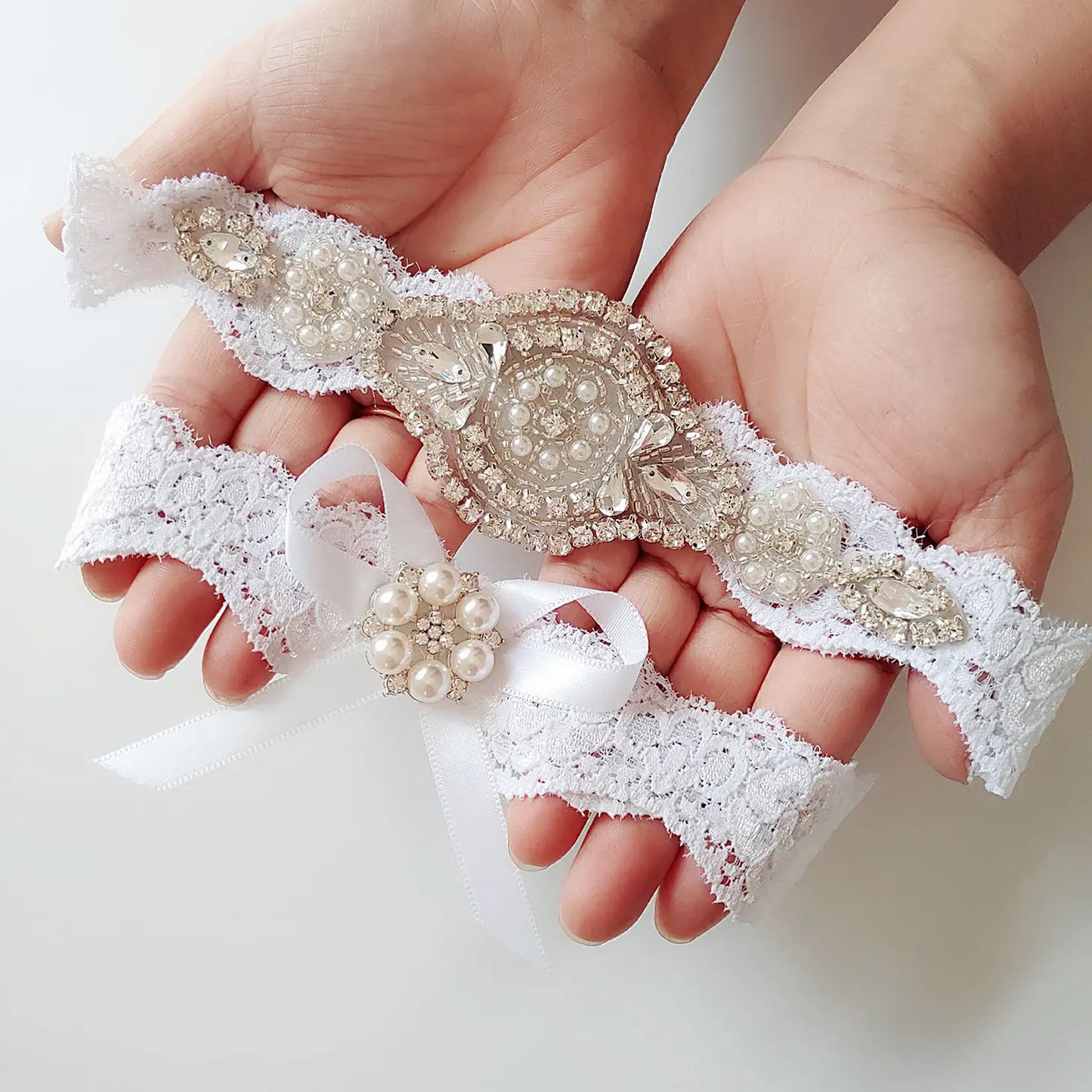 White Lace Rhinestone Wedding Garter Set