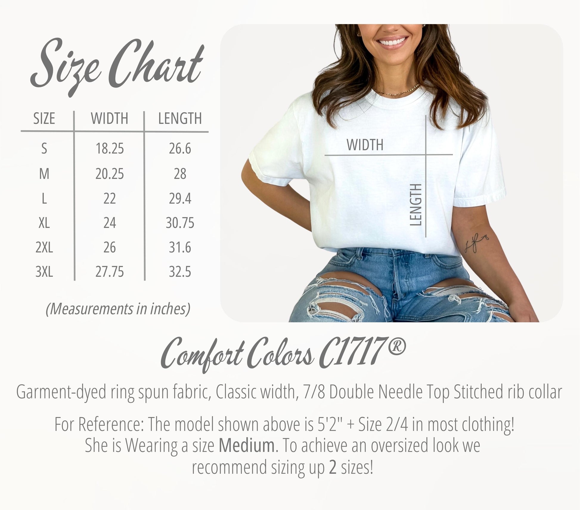 Size chart for a white t-shirt with measurements and a model wearing the shirt.