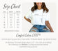 Size chart for a white t-shirt with measurements and a model wearing the shirt.