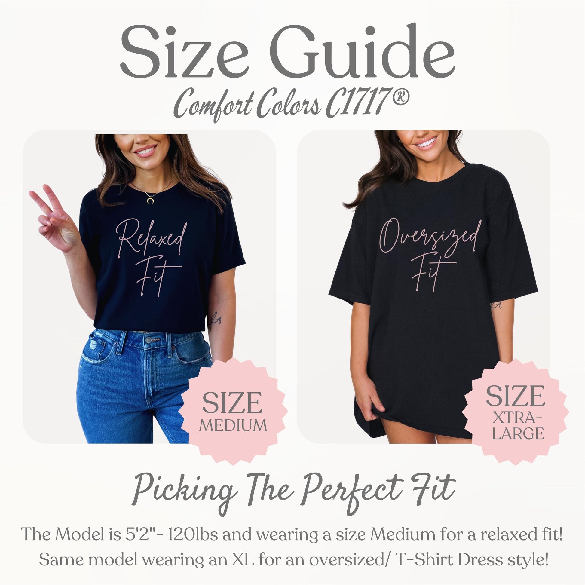 Size guide for t-shirts with text indicating relaxed fit and oversized fit, featuring two models wearing the shirts.