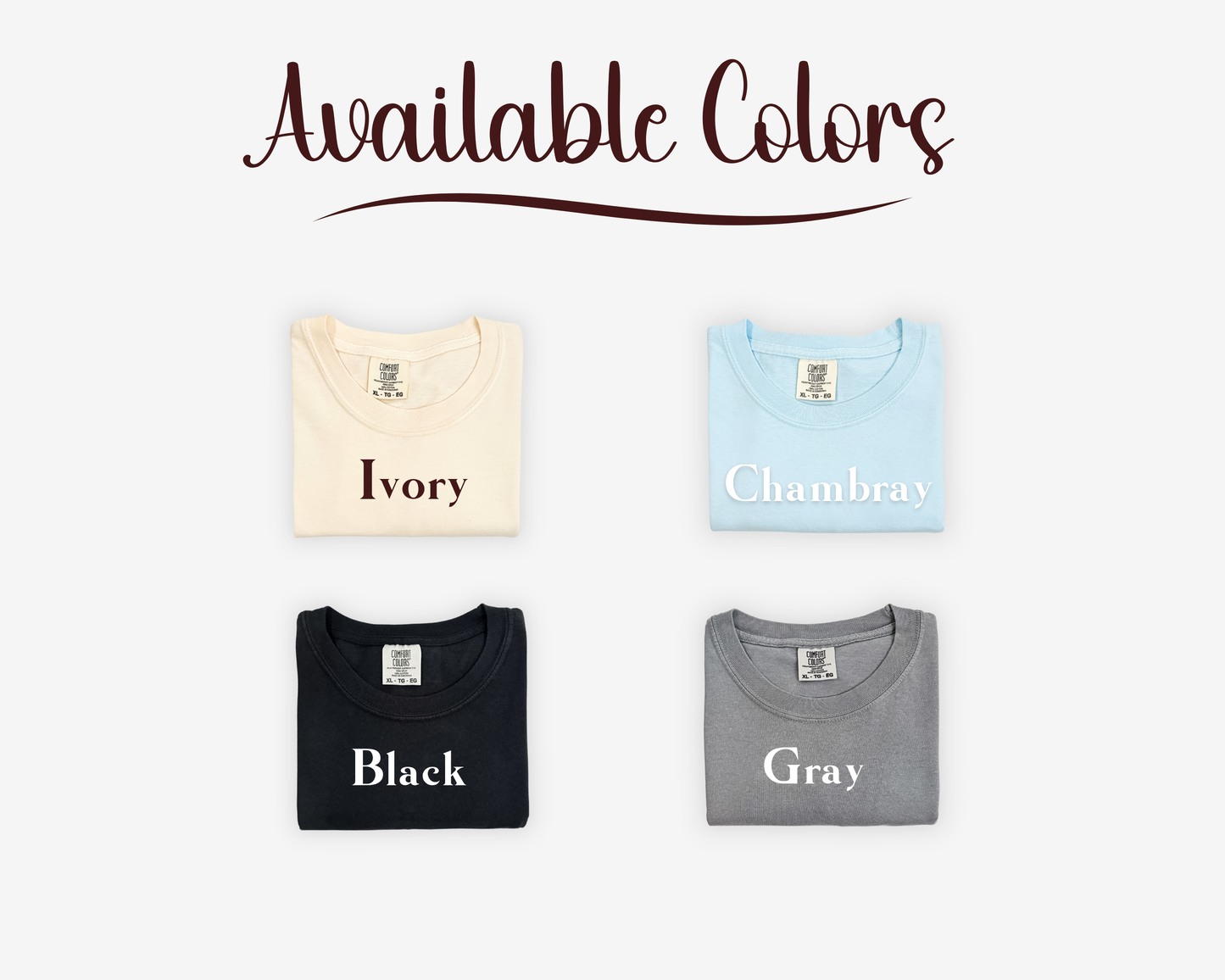Four shirts in different colors with labels for 'Ivory', 'Chambray', 'Black', and 'Gray' on a white background.
