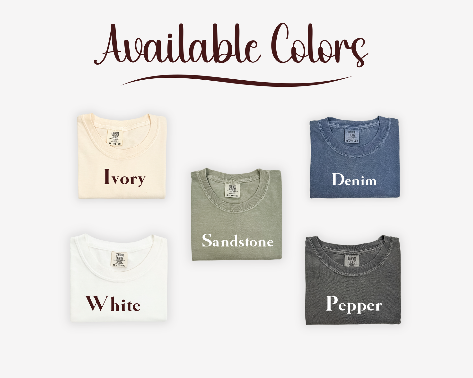 Collection of folded shirts in different colors with color names displayed on a white background.