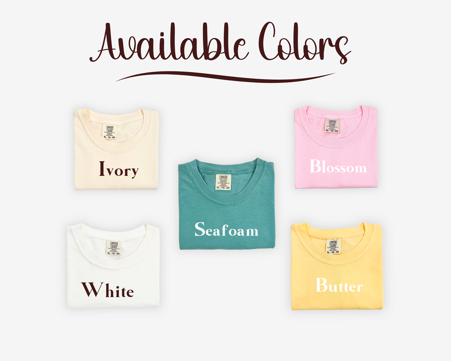 Collection of shirts in different colors with color names displayed on a white background