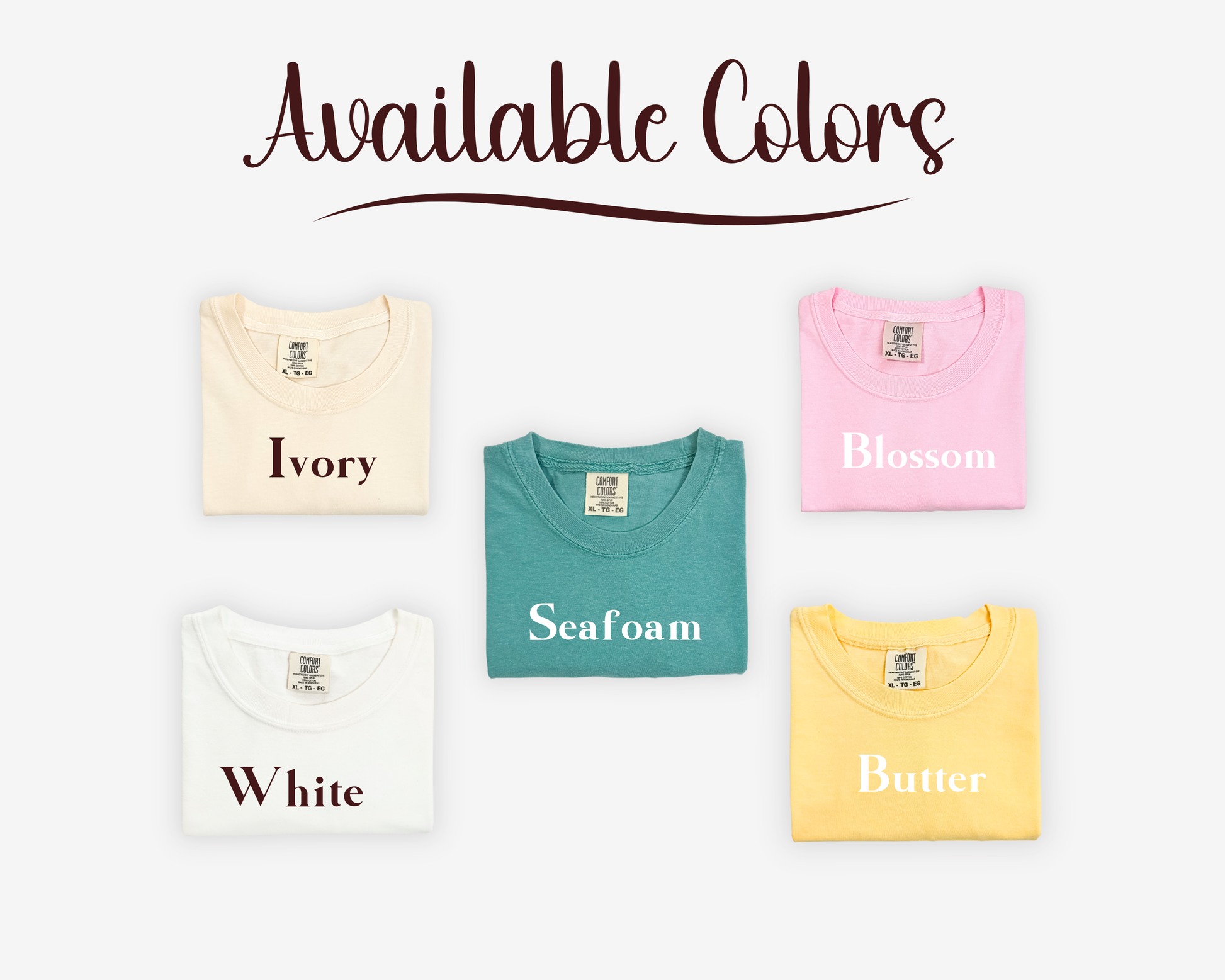 Collection of shirts in different colors with color names displayed on a white background