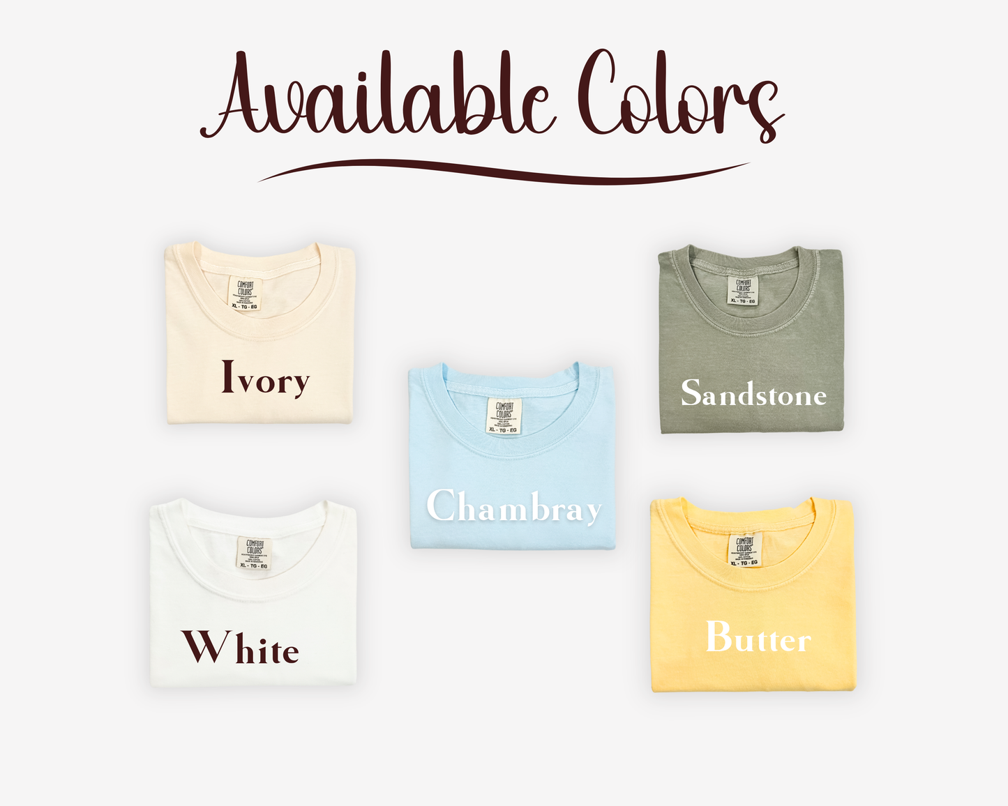 Collection of shirts in different colors with color names displayed on a white background