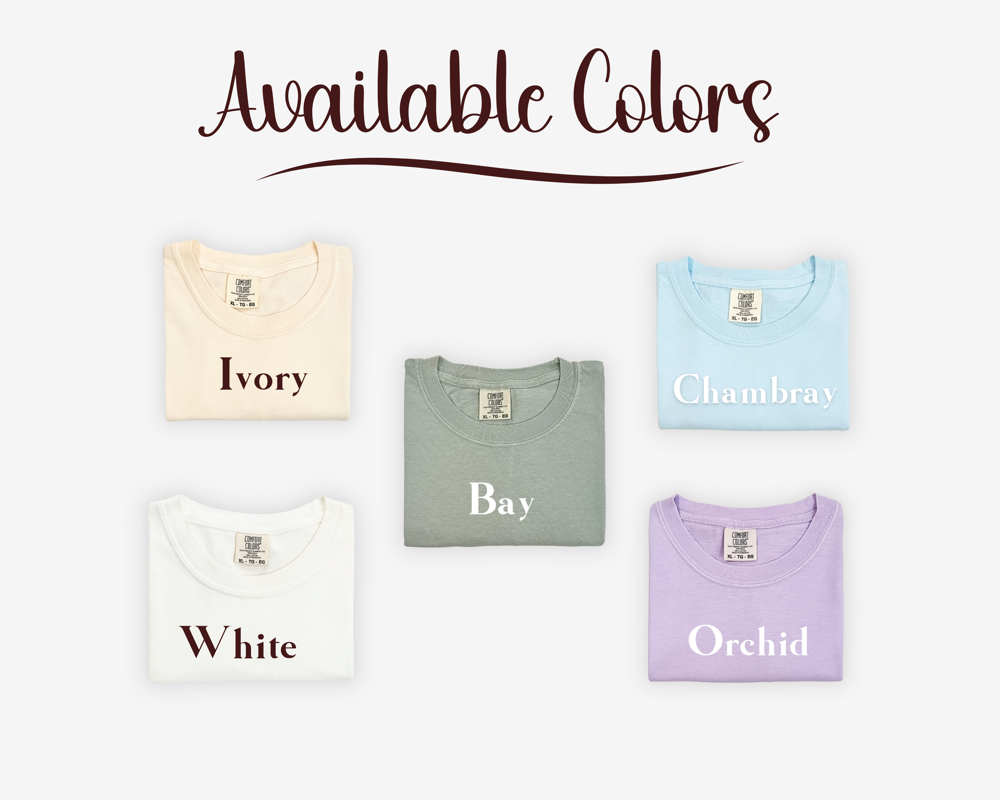 Collection of shirts in different colors with color names displayed on a white background.