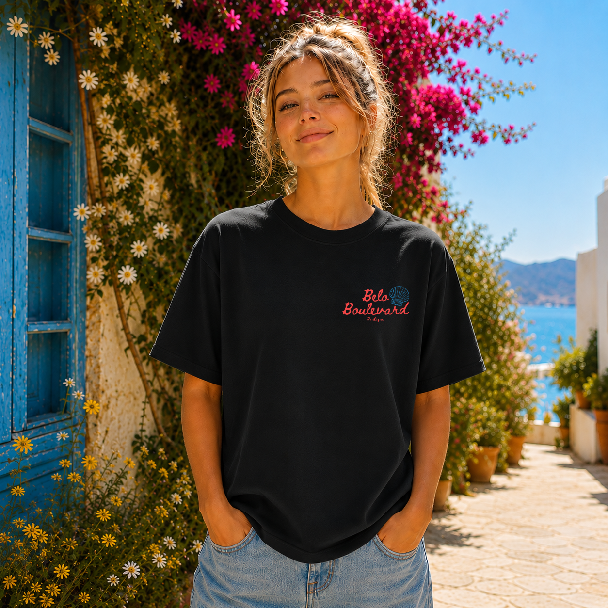 Woman wearing a black t-shirt with a logo and text, standing in a scenic location with flowers and ocean view.