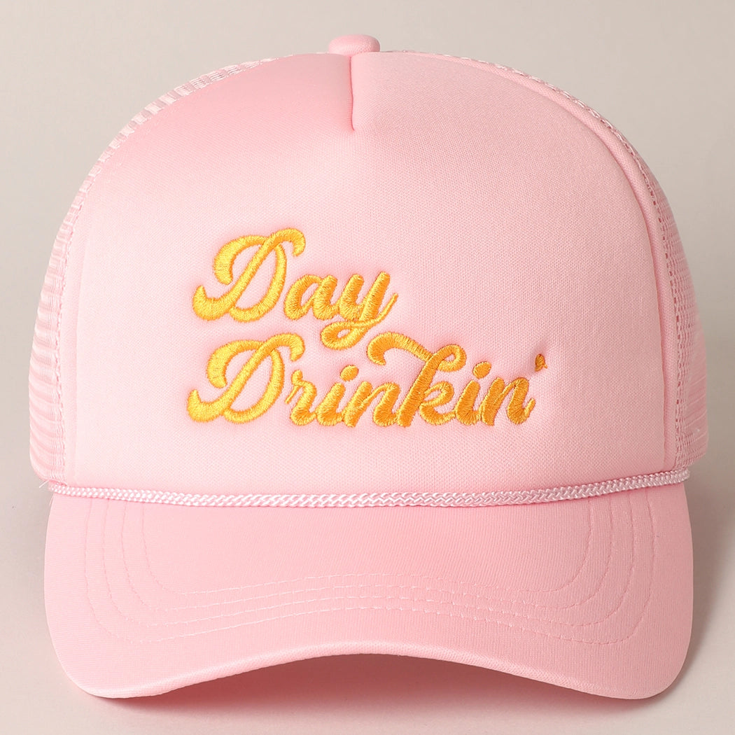 Baby Pink Day Drinkin' Trucker Hat with Yellow Embroidery