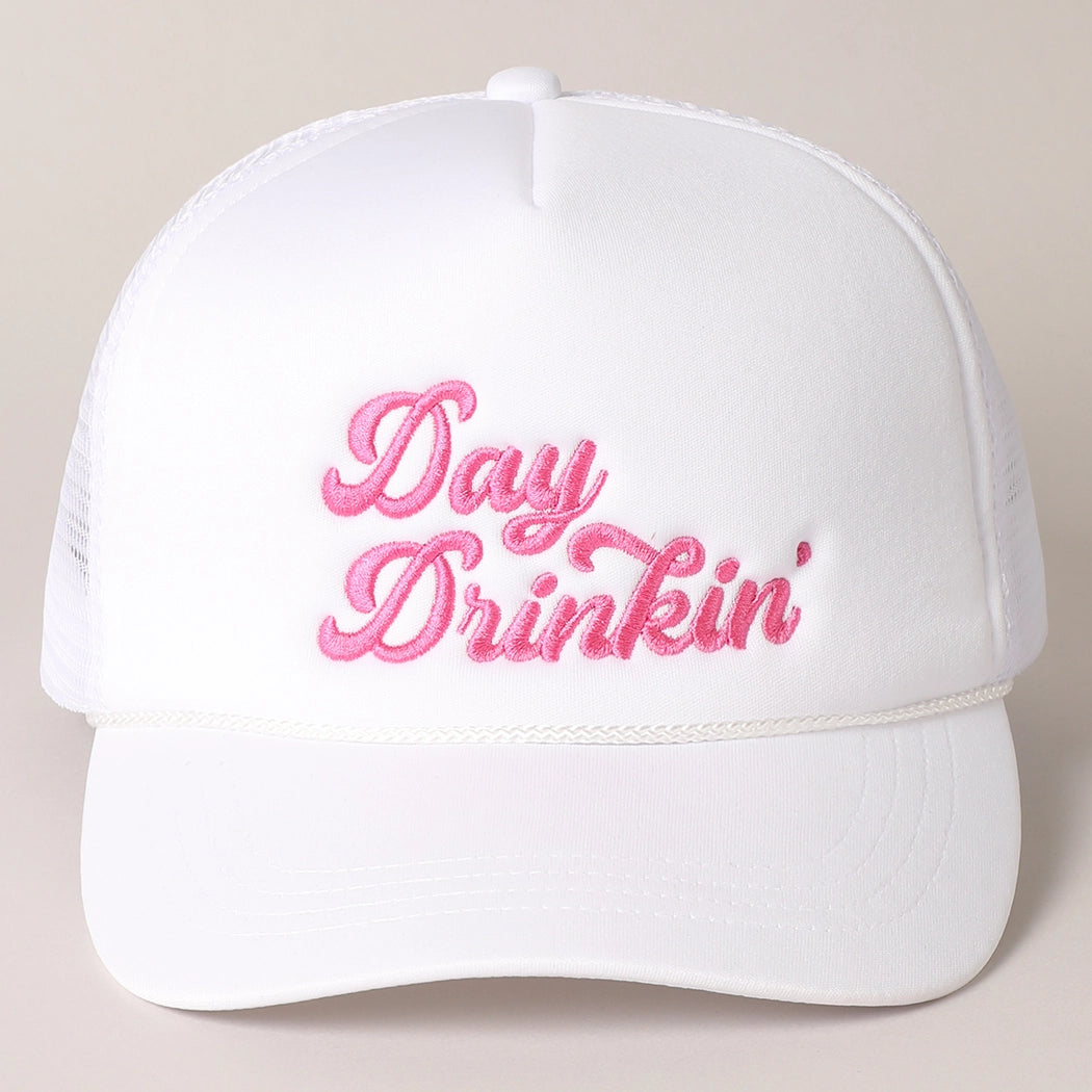 White Day Drinkin' Trucker Hat with Pink Embroidery
